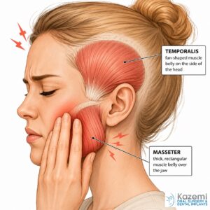 An image showing the muscles involved in facial pain after oral surgery or dental work due to opening the mouth for extended periods. 